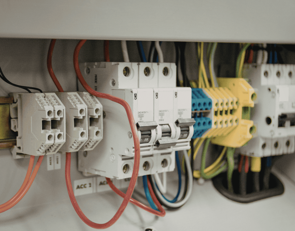 Close up of electrical panel wiring and circuit breakers during panel replacement in North Shore MA